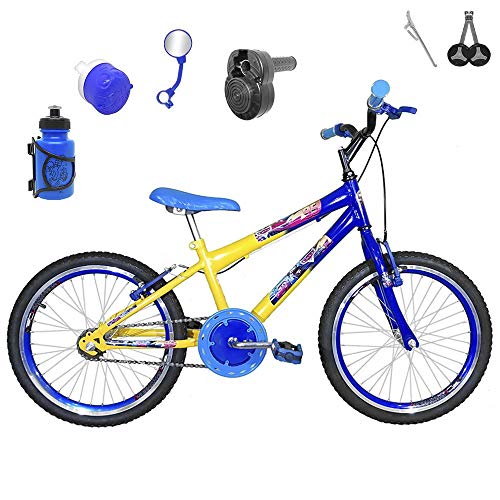 Bicicleta Infantil Aro 20 Amarela Azul Kit e Roda Aero Azul C/Acelerador Sonoro