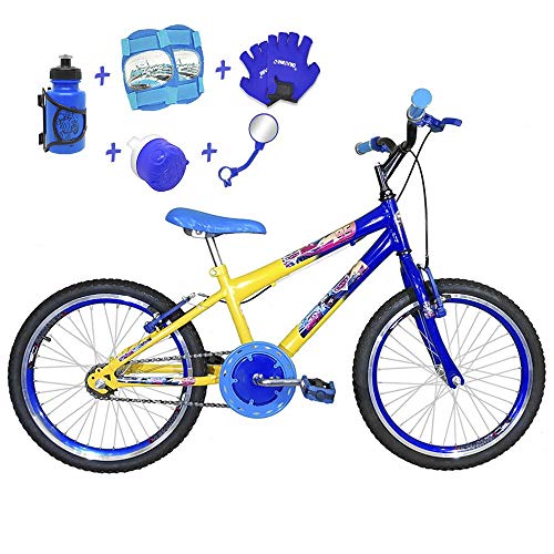 Bicicleta Infantil Aro 20 Amarela Azul Kit e Roda Aero Azul C/Acessórios e Kit Proteção