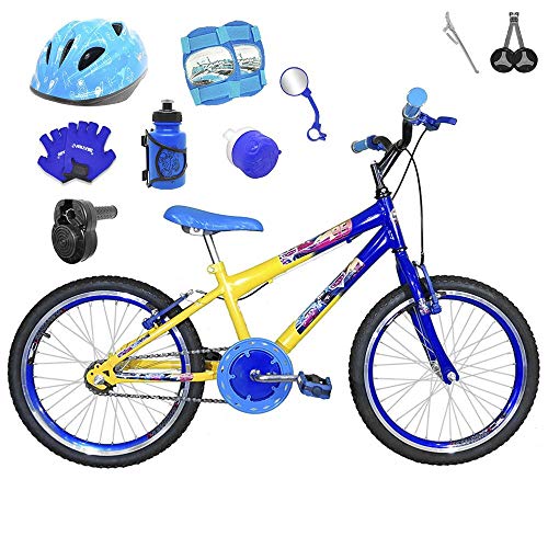Bicicleta Infantil Aro 20 Amarela Azul Kit e Roda Aero Azul C/Capacete, Kit Proteção e Acelerador