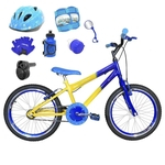 Bicicleta Infantil Aro 20 Amarela Azul Kit E Roda Aero Azul C/ Capacete, Kit Proteção E Acelerador