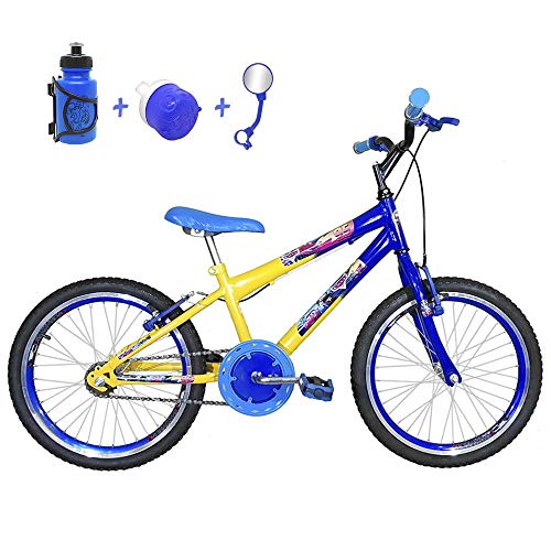 Bicicleta Infantil Aro 20 Amarela Azul Kit e Roda Aero Azul com Acessórios