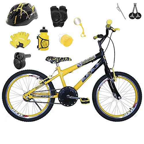 Bicicleta Infantil Aro 20 Amarela Preta Kit e Roda Aero Amarela C/Capacete, Kit Proteção e Acelerador