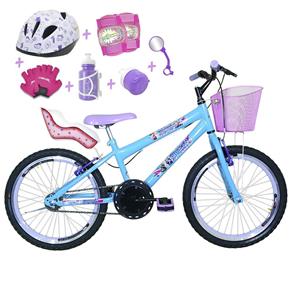 Bicicleta Infantil Aro 20 Azul Claro Kit e Roda Aero Lilás com Cadeirinha de Boneca Completa