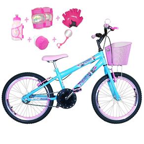 Bicicleta Infantil Aro 20 Azul Claro Kit e Roda Aero Rosa Bebê com Acessórios e Kit Proteção