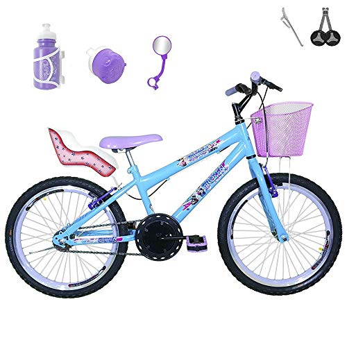 Bicicleta Infantil Aro 20 Azul Claro Kit e Roda Aero Roxa com Cadeirinha