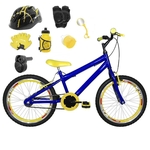 Bicicleta Infantil Aro 20 Azul Kit E Roda Aero Amarela C/ Capacete, Kit Proteção E Acelerador