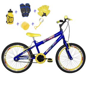 Bicicleta Infantil Aro 20 Azul Kit e Roda Aero Amarelo com Acessórios e Kit Proteção