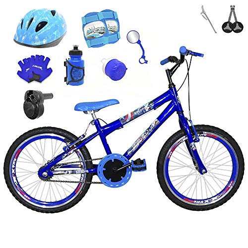 Bicicleta Infantil Aro 20 Azul Kit e Roda Aero Azul C/Capacete, Kit Proteção e Acelerador