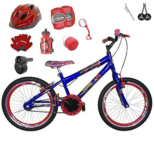 Bicicleta Infantil Aro 20 Azul Kit e Roda Aero Vermelha C/Capacete, Kit Proteção e Acelerador