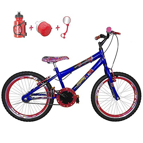 Bicicleta Infantil Aro 20 Azul Kit e Roda Aero Vermelha com Acessórios