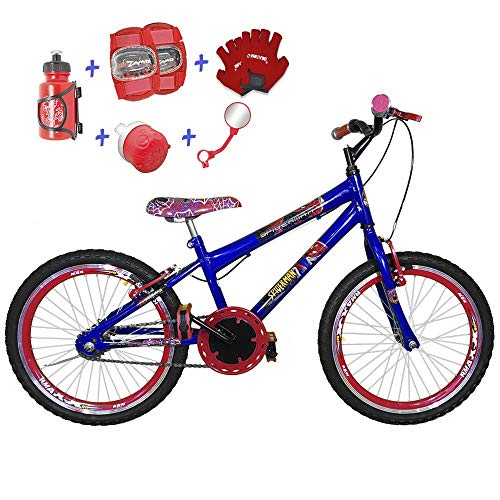 Bicicleta Infantil Aro 20 Azul Kit e Roda Aero Vermelho C/Acessórios e Kit Proteção