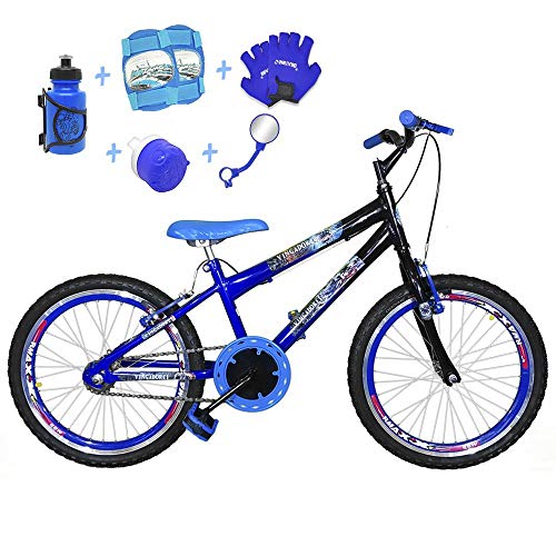 Bicicleta Infantil Aro 20 Azul Preta Kit e Roda Aero Azul C/Acessórios e Kit Proteção