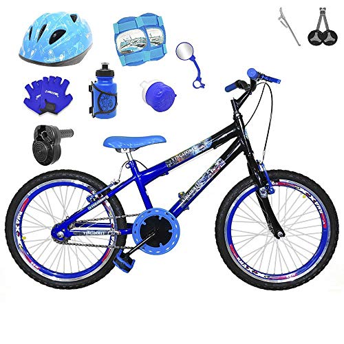 Bicicleta Infantil Aro 20 Azul Preta Kit e Roda Aero Azul C/Capacete, Kit Proteção e Acelerador