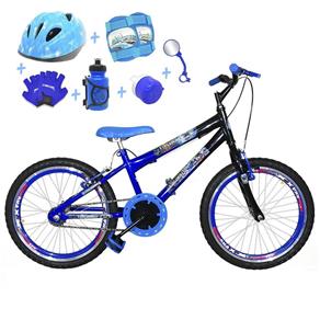 Bicicleta Infantil Aro 20 Azul Preta Kit e Roda Aero Azul com Capacete e Kit Proteção