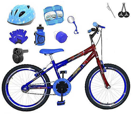 Bicicleta Infantil Aro 20 Azul Vermelha Kit e Roda Aero Azul C/Capacete, Kit Proteção e Acelerador