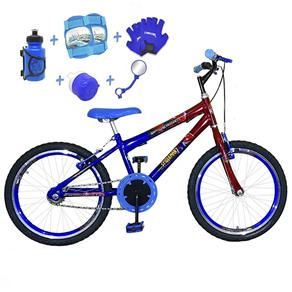 Bicicleta Infantil Aro 20 Azul Vermelha Kit e Roda Aero Azul com Acessórios e Kit Proteção