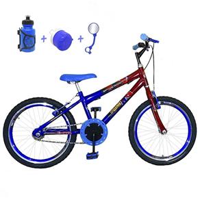 Bicicleta Infantil Aro 20 Azul Vermelha Kit e Roda Aero Azul com Acessórios