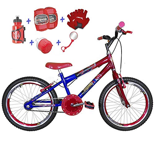 Bicicleta Infantil Aro 20 Azul Vermelha Kit e Roda Aero Vermelha C/Acessórios e Kit Proteção