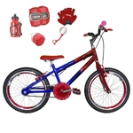 Bicicleta Infantil Aro 20 Azul Vermelha Kit E Roda Aero Vermelha C/ Acessórios e Kit Proteção