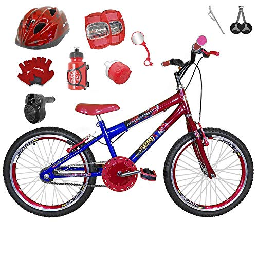 Bicicleta Infantil Aro 20 Azul Vermelha Kit e Roda Aero Vermelha C/Capacete, Kit Proteção e Acelerador