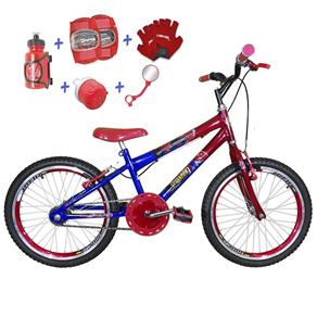 Bicicleta Infantil Aro 20 Azul Vermelha Kit e Roda Aero Vermelha com Acessórios e Kit Proteção
