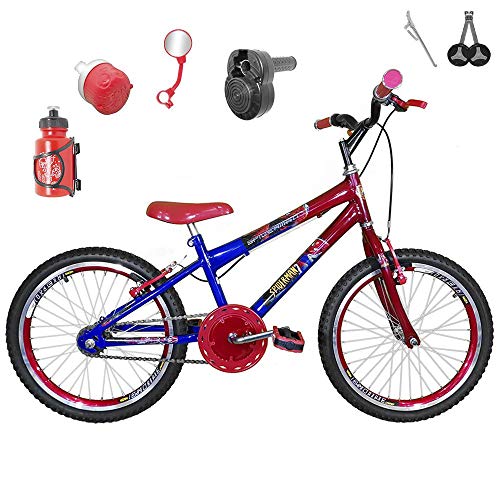 Bicicleta Infantil Aro 20 Azul Vermelha Kit e Roda Aero Vermelho C/Acelerador Sonoro