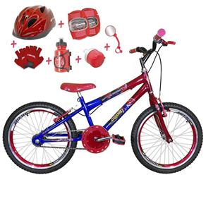 Bicicleta Infantil Aro 20 Azul Vermelha Kit e Roda Aero Vermelho com Capacete e Kit Proteção