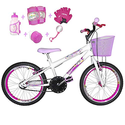 Bicicleta Infantil Aro 20 Branca Kit e Roda Aero Pink C/Acessórios e Kit Proteção