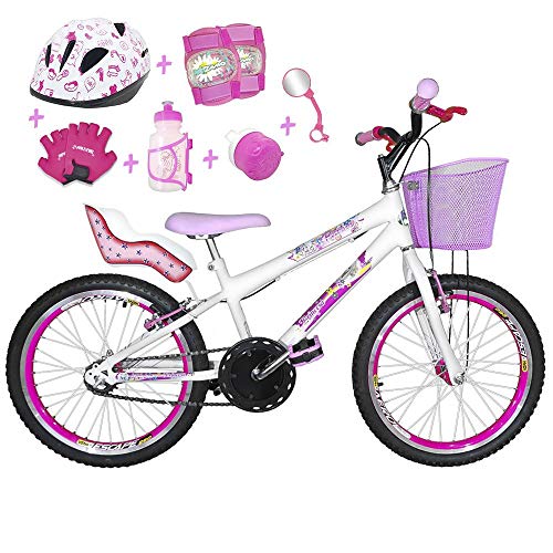 Bicicleta Infantil Aro 20 Branca Kit e Roda Aero Pink C/Cadeirinha de Boneca Completa