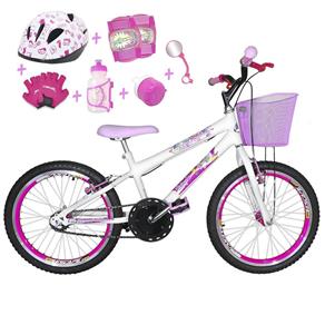 Bicicleta Infantil Aro 20 Branca Kit e Roda Aero Pink com Capacete e Kit Proteção