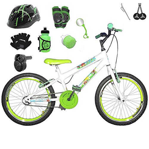 Bicicleta Infantil Aro 20 Branca Kit e Roda Aero Verde C/Capacete, Kit Proteção e Acelerador