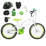 Bicicleta Infantil Aro 20 Branca Kit E Roda Aero Verde C/ Capacete, Kit Proteção E Acelerador