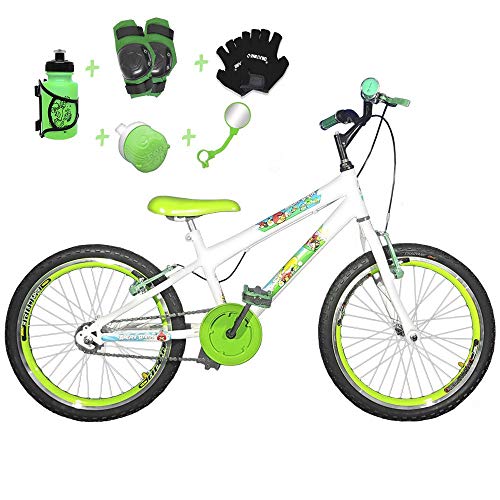 Bicicleta Infantil Aro 20 Branco Kit e Roda Aero Verde C/Acessórios e Kit Proteção