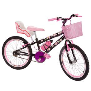Bicicleta Infantil Aro 20 Flowers Black com Cadeirinha de Boneca