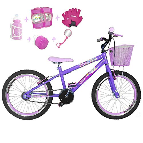 Bicicleta Infantil Aro 20 Lilás Kit e Roda Aero Rosa Bebê C/Acessórios e Kit Proteção