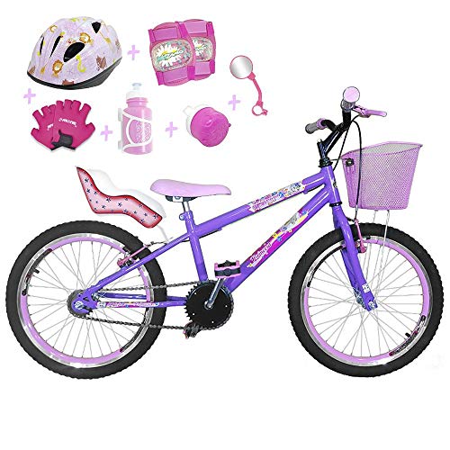 Bicicleta Infantil Aro 20 Lilás Kit e Roda Aero Rosa Bebê C/Cadeirinha de Boneca Completa