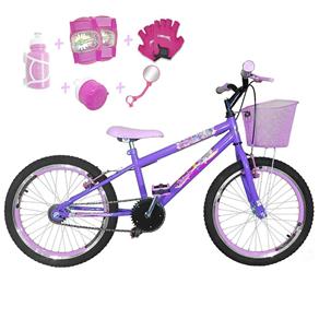 Bicicleta Infantil Aro 20 Lilás Kit e Roda Aero Rosa Bebê com Acessórios e Kit Proteção
