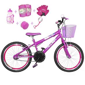 Bicicleta Infantil Aro 20 Pink Kit e Roda Aero Pink com Acessórios e Kit Proteção