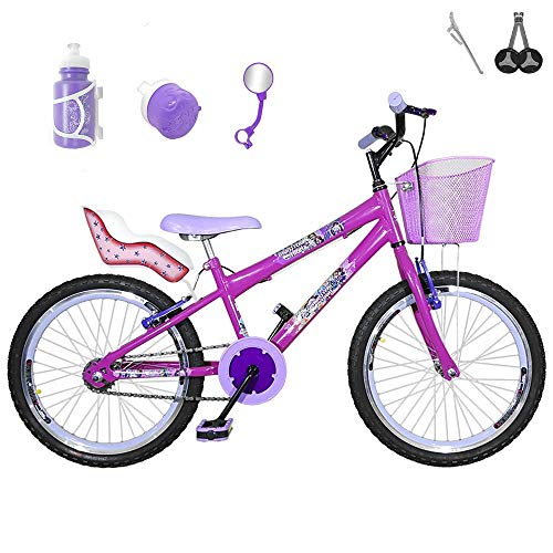 Bicicleta Infantil Aro 20 Pink Kit e Roda Aero Roxa com Cadeirinha