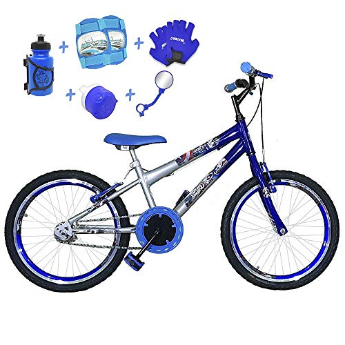 Bicicleta Infantil Aro 20 Prata Azul Kit e Roda Aero Azul C/Acessórios e Kit Proteção