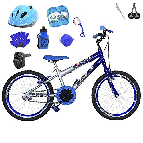 Bicicleta Infantil Aro 20 Prata Azul Kit e Roda Aero Azul C/Capacete, Kit Proteção e Acelerador