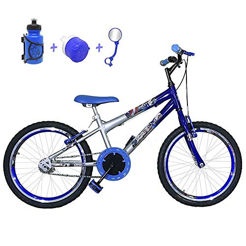 Bicicleta Infantil Aro 20 Prata Azul Kit e Roda Aero Azul com Acessórios