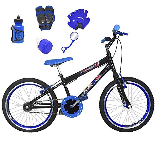 Bicicleta Infantil Aro 20 Preta Kit e Roda Aero Azul C/Acessórios e Kit Proteção