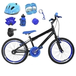 Bicicleta Infantil Aro 20 Preta Kit E Roda Aero Azul C/ Capacete, Kit Proteção E Acelerador