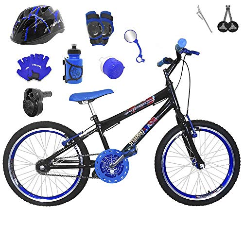Bicicleta Infantil Aro 20 Preta Kit e Roda Aero Azul C/Capacete, Kit Proteção e Acelerador