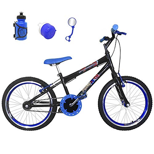 Bicicleta Infantil Aro 20 Preta Kit e Roda Aero Azul com Acessórios