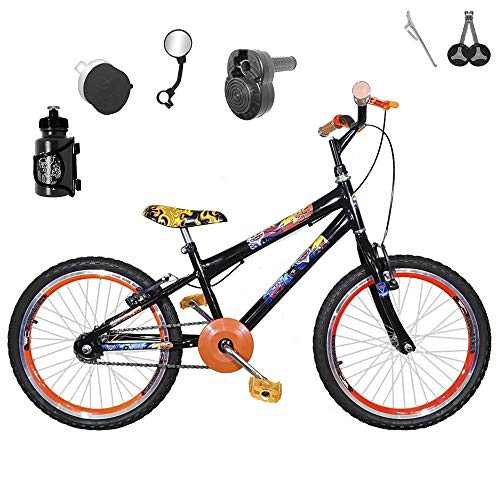Bicicleta Infantil Aro 20 Preta Kit e Roda Aero Laranja C/Acelerador Sonoro