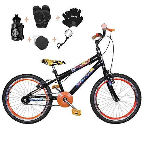 Bicicleta Infantil Aro 20 Preta Kit e Roda Aero Laranja C/Acessórios e Kit Proteção