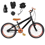 Bicicleta infantil aro 20 preta kit e roda aero laranja c/ acessórios e kit proteção