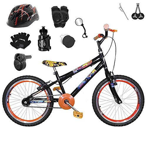 Bicicleta Infantil Aro 20 Preta Kit e Roda Aero Laranja C/Capacete, Kit Proteção e Acelerador